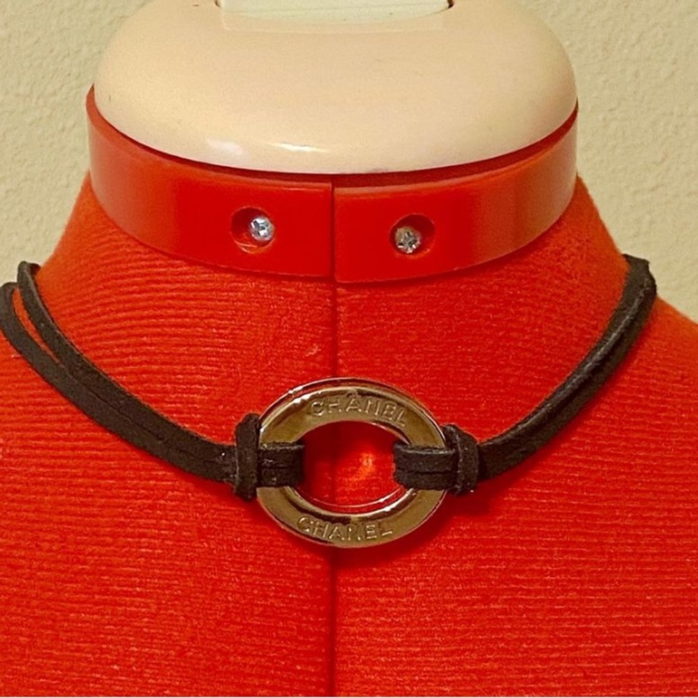 Authentic Chanel Charm Choker adjustable necklace pendant on leather str…